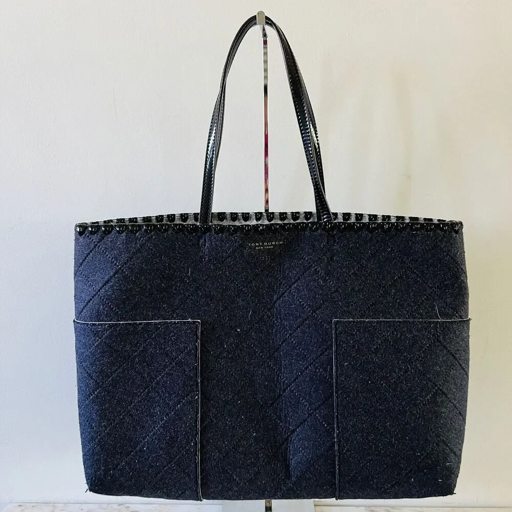 TORY BURCH Block T Dark Gray Black Felt Fabric Large Tote Bag